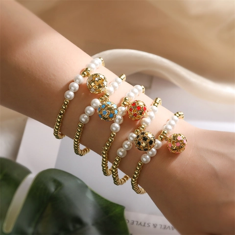 Star Pendant Beaded Bracelet Copper Gold Plated With Imitation Artificial Pearl Enamel Hollow Star Charm Fashion Jewelry For Women