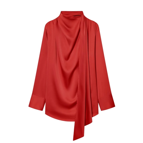 Camicetta Elegante Satén Donna Collo Alto Pieghettato Drappeggiato Collo Sciarpa Maniche Lunghe Texture Raso Top Chic Ufficio