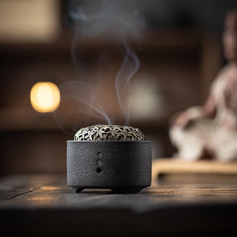 Zen Keramik Räuchergefäß Mit Metall Hohlraum Deckel Vintage Räucherstäbchenhalter Haus Meditation Dekor Mattierte Textur