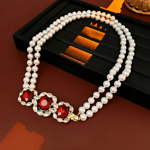 Vintage Layered Artificial Pearl Necklace Alloy Rhinestone Red Square Stones Long Sweater Chain Jewelry Women