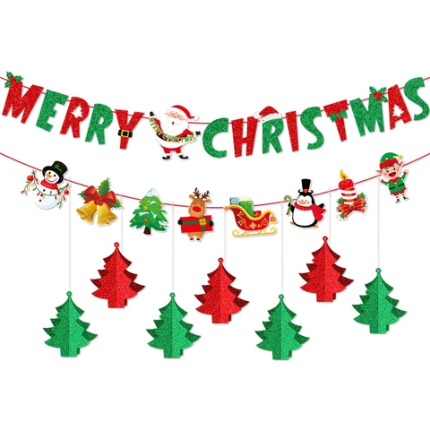 Banner Buon Natale Ornamenti Appesi Carta Luccicante Albero 3D Personaggi Cartoni Animati Decorazione Per Feste