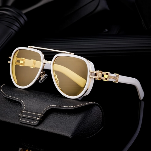 Retro Punk Pilot Sunglasses For Men Double Bridge Metal Frame UV400 Protection Shades Fashion Driving Travel Eyewear