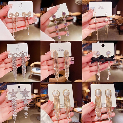 Geometric Rhinestone Tassel Dangle Earrings For Women Luxury Artificial Pearl Drop Earrings With 925 Sterling Silver Post