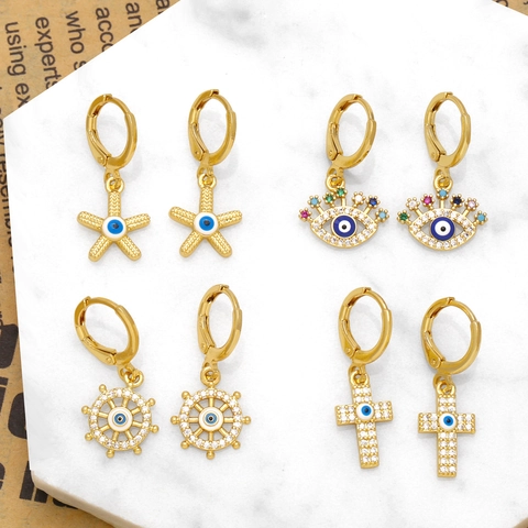 Vintage Copper Evil Eye Drop Earrings For Women Gold Plated Zirconia Starfish Cross Ship Wheel Bohemian Geometric Jewelry Accessory