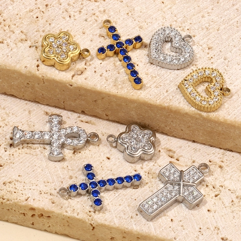 Ciondoli Charms DIY Acciaio Inossidabile Zirconia Cubica Cuore Quadrifoglio Croce Ankh Fiore Accessori Gioielli