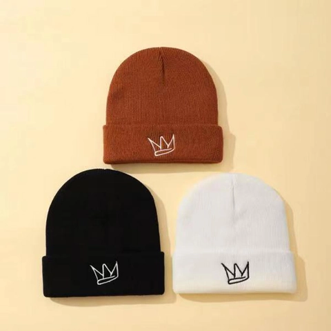 Childrens Acrylic Knit Beanie Hat With Crown Embroidery Warm Ribbed Winter Outdoor Casual For Boys And Girls