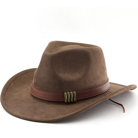 Cappello Da Cowboy Occidentale Vintage Scamosciato Tesa Larga Fascia In Pelle Fibbia In Metallo Protezione Solare Unisex