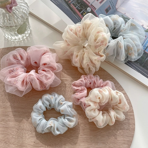 Floral Mesh Scrunchie Tulle Hair Tie Sweet Daisy Pattern Elastic Ponytail Holder For Women Girls