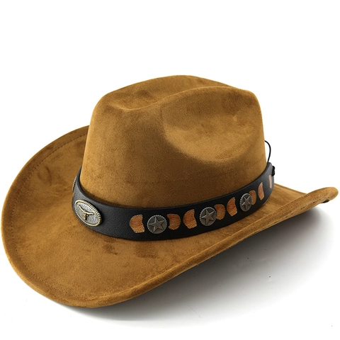 Western Cowboy Hat Faux Suede Wide Brim With Metal Bull Head Star Rivets Adjustable Retro Sunshade For Men Women
