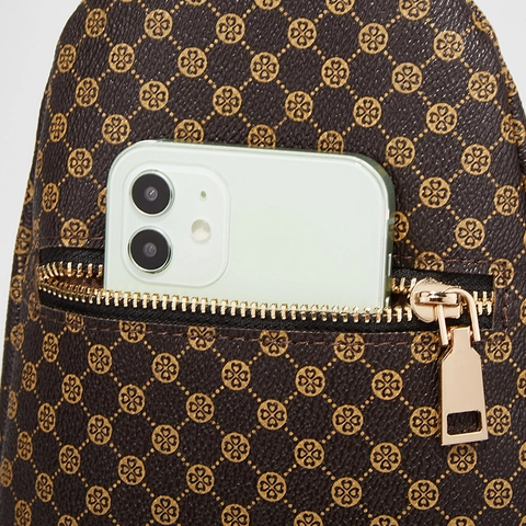 Women Chest Bag PU Leather Leopard Print Vintage Monogram Multi Zipper Adjustable Strap Casual Travel Sling Bag