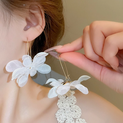 Elegant Flower Dangle Earrings Gauze Lace Floral Petal Oversized Lightweight For Women Vacation Party Steel Earring Post
