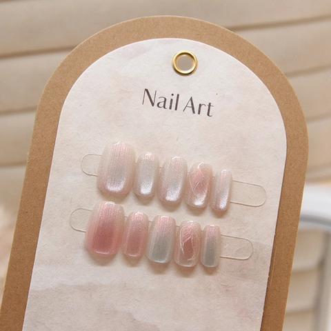 Unghie Finte Fatte A Mano Cat Eye Mermaid Crystal Shimmer Sfumatura Rosa Viola Rimovibili In Plastica ABS Per Donne
