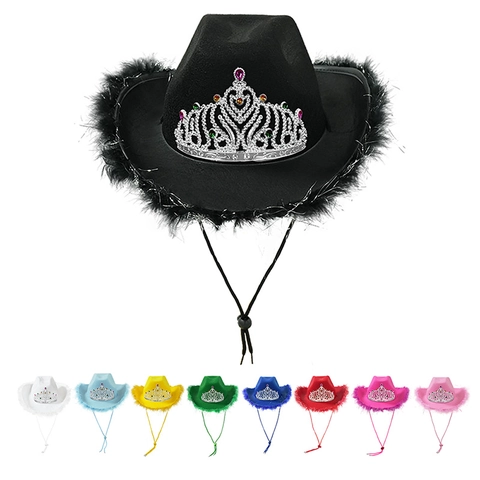 Chapeau De Cow-Boy Occidental Avec Couronne De Diadème Bordure En Plumes Strass Coloré Cordon Réglable Pour Costume De Fête
