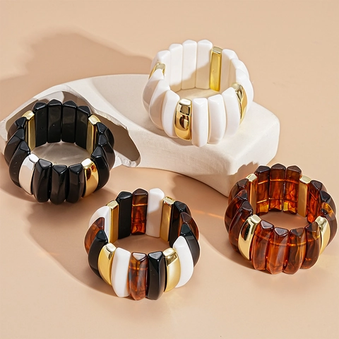 Vintage Chunky Acrylic Resin Stretch Bracelet Exaggerated Geometric Wide Bangle Gold Metal Retro Jewelry For Women