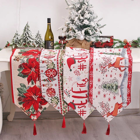 Christmas Table Runner Jacquard Fabric Reindeer Elf Poinsettia Print With Tassels Holiday Dinner Party Home Decoration