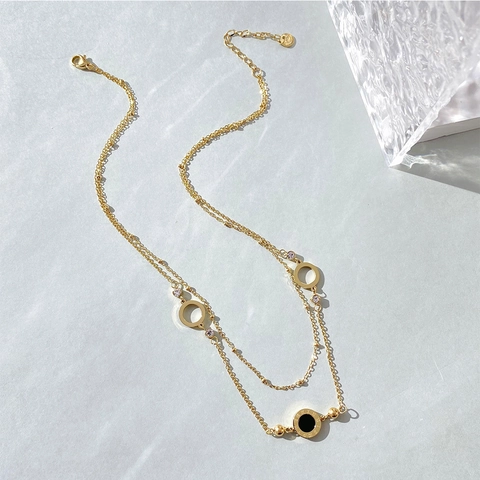 Collana A Doppio Strato In Acciaio Inossidabile Donna Pendente Numeri Romani Doppio Lato Zircone Cerchio Cavo Gioielli