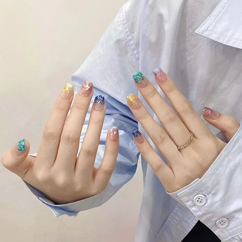 Handmade Colorful Sequin Press On Nails Glitter Blue Mermaid Style Summer Fake Nails With Tool Kit For Women Daily Beauty