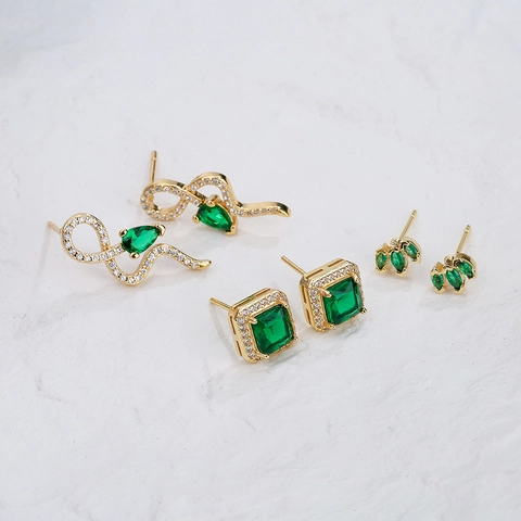 Green Zircon Stud Earrings Copper 18K Gold Plated Snake Square Geometric Style Fashion Jewelry For Women