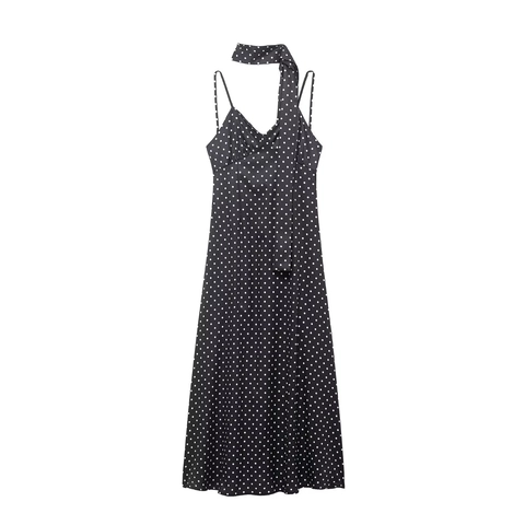 Abito Lungo Maxi A Pois Da Donna Sexy Schiena Scoperta Scollo A V Con Spalline Sottili In Poliestere Con Sciarpa Coordinata
