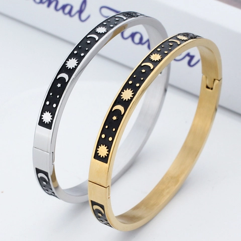 Bracciale Rigido In Acciaio Inossidabile Celeste Sole Luna Stella Smalto Vintage Bracciale Con Chiusura A Cerniera Per Donna