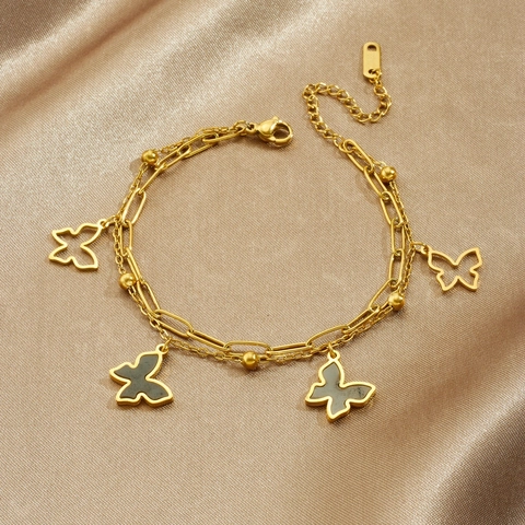 Butterfly Pendant Layered Bracelet Stainless Steel Gold Plated Hollow Enamel Charm Jewelry For Women