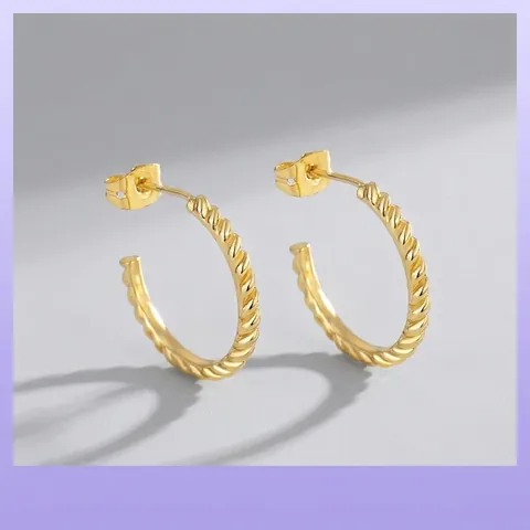 Twisted Spiral C-Shaped Hoop Earrings For Women Copper Gold Plated With 925 Sterling Silver Post Geometric Fashion Jewelry
