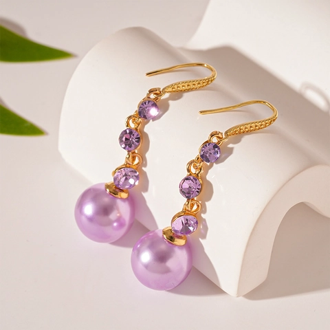 Purple Faux Artificial Pearl Drop Earrings Alloy Rhinestone Geometric Round Ball Vintage Style For Women With Earring Post