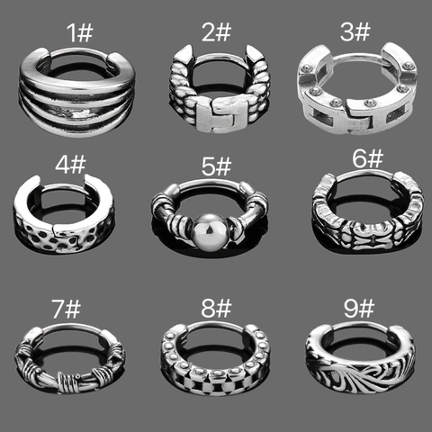 Stainless Steel Hoop Earrings Vintage Silver Geometric Textured Punk Gothic Huggies For Men Unisex