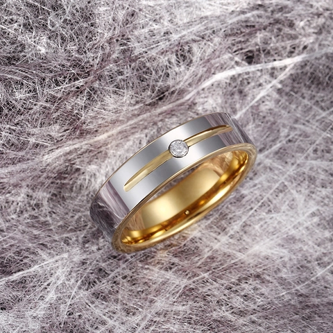 Bague Simple En Acier Au Tungstène Avec Strass Bijou Géométrique Bicolore Pour Hommes Femmes Couples Mode
