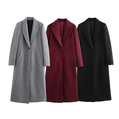 Cappotto Lungo In Lana Elegante Da Donna Monopetto Revers Colore Solido Giacca Calda Soprabito