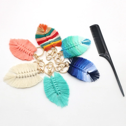 Llavero de Macramé Bohemio Hecho a Mano Hilo de Algodón Hoja Pluma Colgante de Bolso para Mujeres Regalo