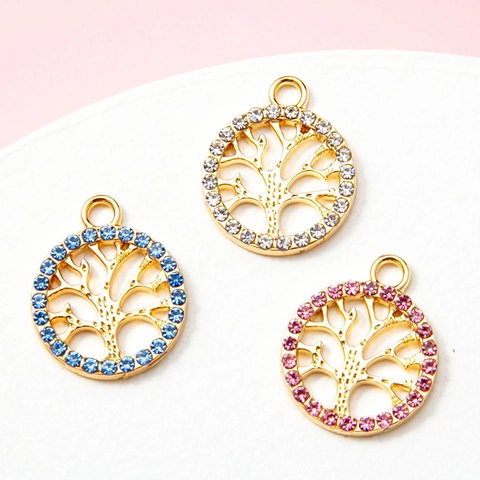 Dijes Redondos Árbol De La Vida Aleación Diamantes De Imitación Colgantes Huecos Para Hacer Joyas Pulseras Collares Pendientes