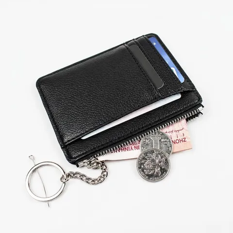 Slim Card Holder PU Leather Lychee Pattern Zipper Coin Purse With Keychain Metal Ring Casual Fashion For Men Women