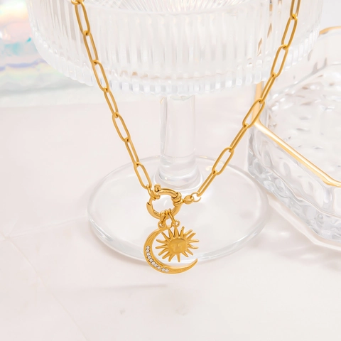 Vintage Roestvrijstalen Zon Maan Hanger Halsketting Voor Dames 18K Verguld Strass Paperclip Ketting Sleutelbeenketting Sieraden