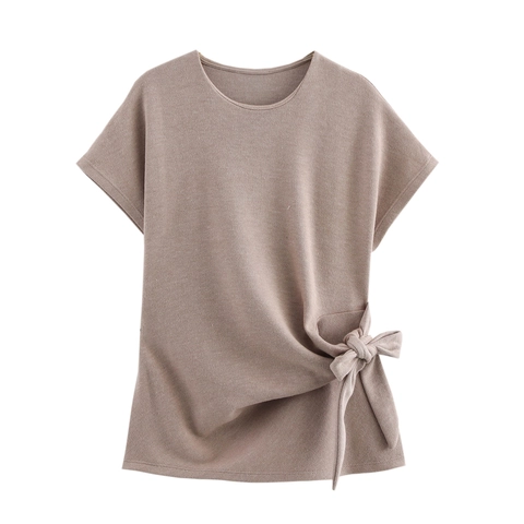 Mujer Punto Top De Manga Corta Anudado Cuello Redondo Y Falda Midi Color Sólido Casual Suave Salón Atuendo Elegante
