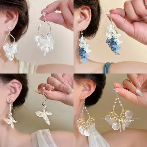 Elegantes Pendientes Colgantes De Mariposa Flor De Concha Con Circonita Y Poste De Plata Para Mujeres Vacaciones Playa