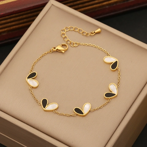 Ensemble Collier et Bracelet en Acier Inoxydable Coeur et Lotus pour Femme Émail Rose Pendentif Imitation Coquillage