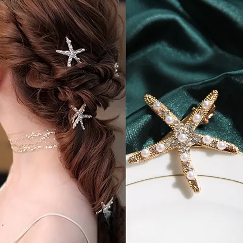 Pinzas Para El Cabello Tema Océano Estrella De Mar Y Concha Aleación Dorada Con Perla Artificial Y Strass Elegante Para Mujer Boda