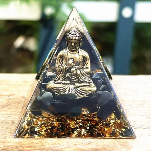 Orgon Pyramide Statue Harz Ornament Mit Goldenem Buddha Obsidian Kies Und Goldfolie Schreibtisch Energie Deko Zen Büro