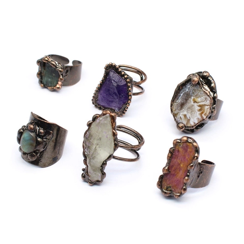 Vintage Natur Achat Geode Amethyst Bergkristall Rohstein Verstellbarer Offener Ring Für Damen Herren Galvanisierter Schmuck