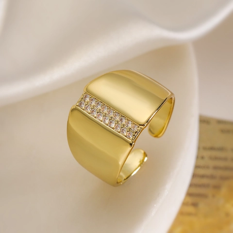 Women Gold Plated Copper Ring Geometric Wide Band Adjustable Open Ring With Micro Pave Zircon Stylish Jewelry