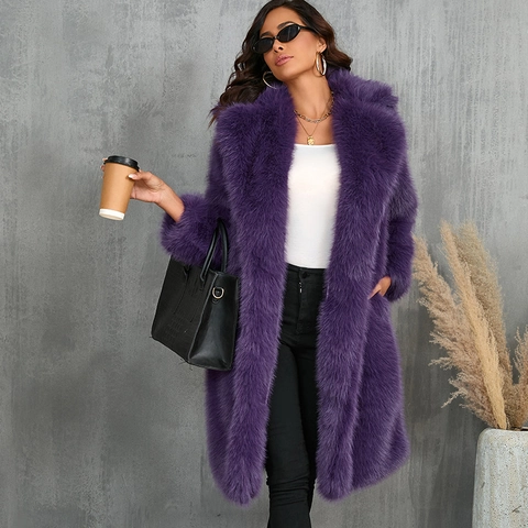 Dames Faux Fur Jas Lange Mouwen Pakkraag Halverwege De Lengte Verdikte Winter Warme Casual Bovenkleding Pluche Bontjas