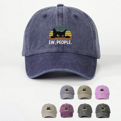 Baseball Cap Washed Cotton Peeking Black Cat Letter Print Adjustable Sunshade Retro Distressed Hat Hip Hop Streetwear