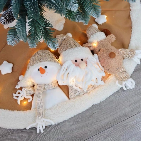 Christmas Tree Skirt Plush Knitted 3D Santa Snowman Reindeer Holiday Home Party Decoration Base Cover