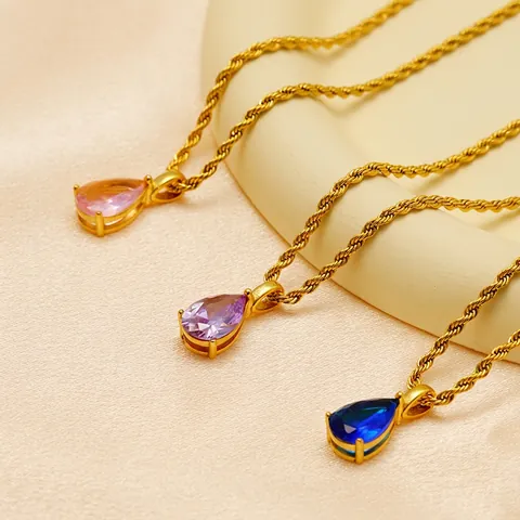 Teardrop Pendant Necklace Stainless Steel 18K Gold Plated Pear Cut Zirconia Rope Chain Minimalist Elegant For Women