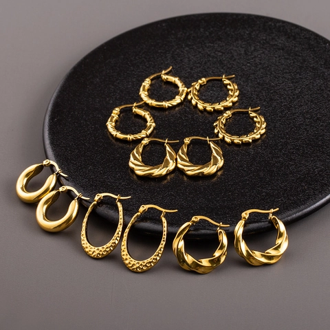 Stainless Steel 18K Gold Plated Hoop Earrings Geometric Twisted Hammered French Vintage Fashion Jewelry For Women