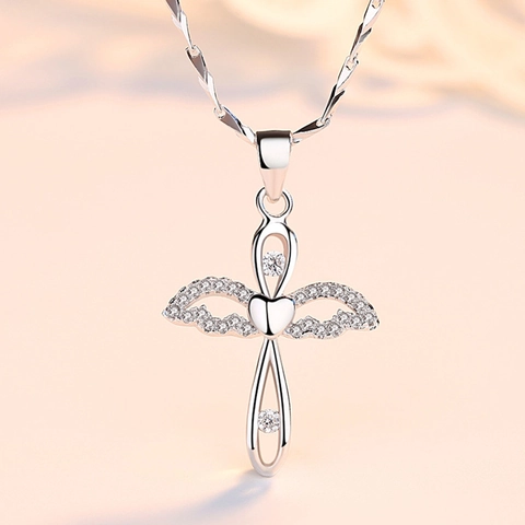 Halskette Aus 925er Sterlingsilber Mit Kreuz Engelsschwingen Herzanhänger Und Rhinsten Elegant Für Damen