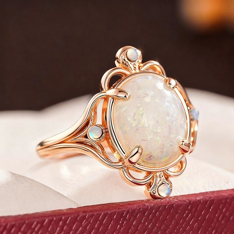 Vintage Oval Simulated Opal Ring Copper Champagne Gold Plated Hollow Filigree Victorian Style Women Jewelry