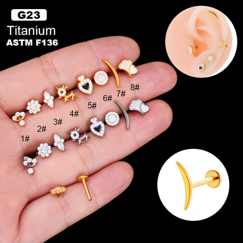 Labret In Titanio G23 Filettatura Interna Zircone Orecchino Cartilagine Gioielli Piercing Fiore Luna Cuore Dorso Piatto