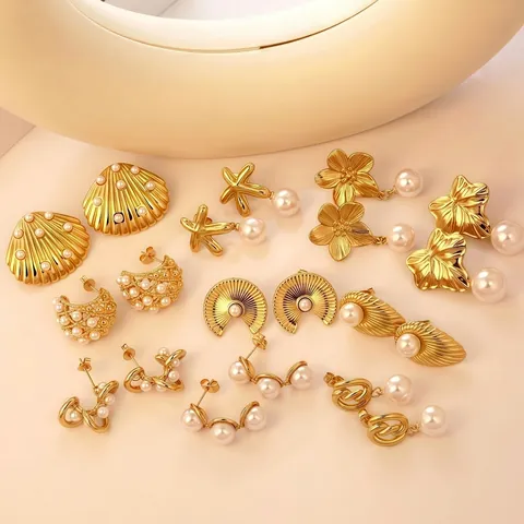 Vintage Gold Plated Stainless Steel Artificial Pearl Earrings For Women French Style Shell Flower Leaf Star Jewelry Elegant